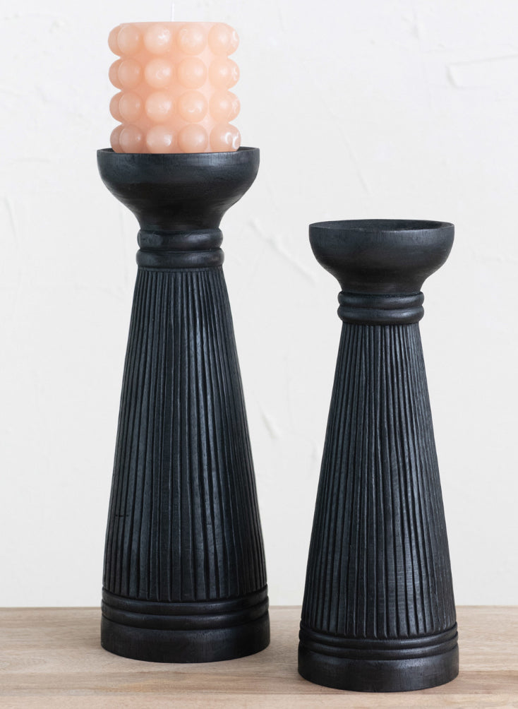 13.75”H Albasia Wood Ribbed Candle Holder