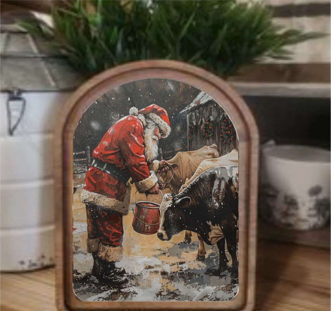 11” Arch Top Santa With Cows Framed Art