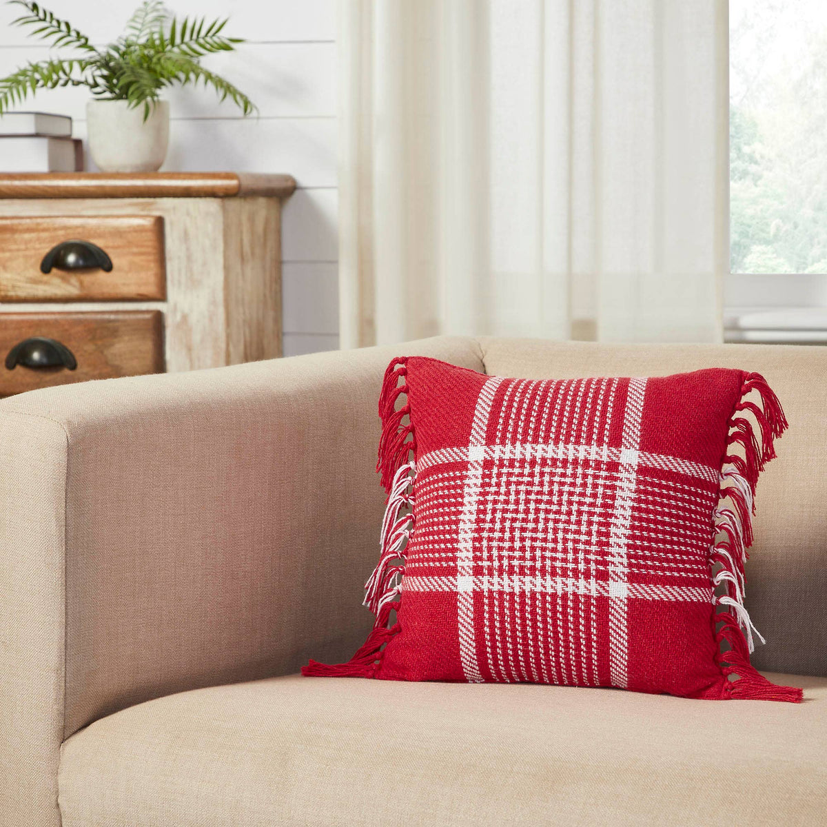 Red White Plaid Filled Fringe Throw Pillow 12x12 Eston