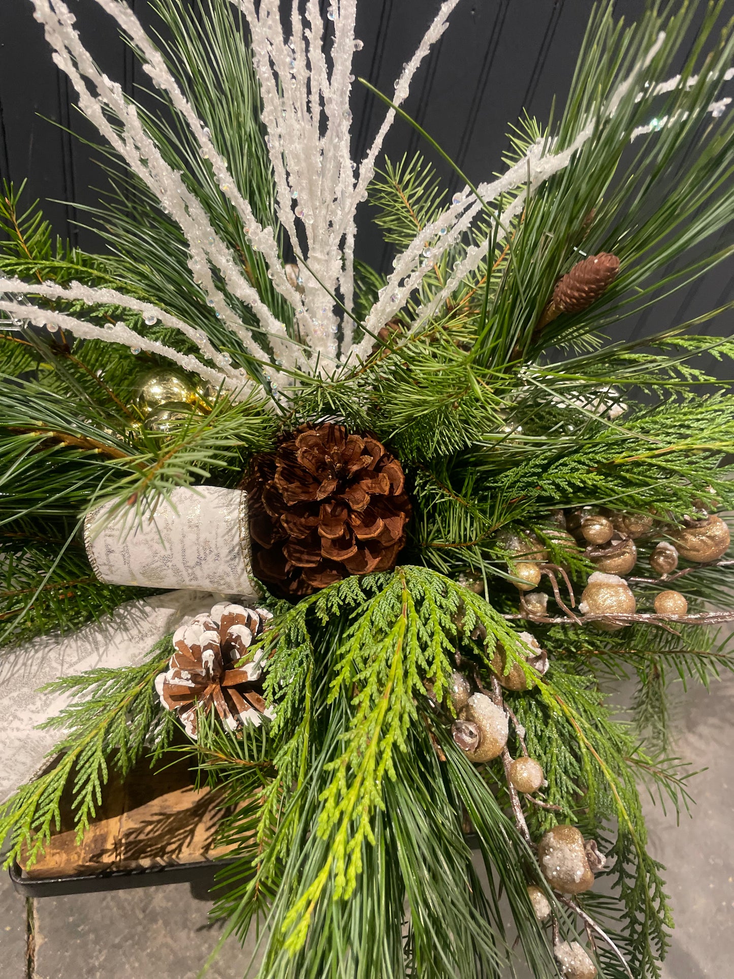 Fresh Evergreen Arrangement w/Berries, Ribbon, Pincones