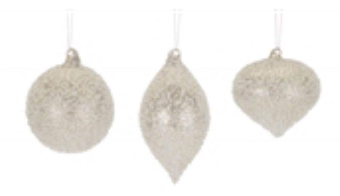 White Glass Ornaments - 3 Asst