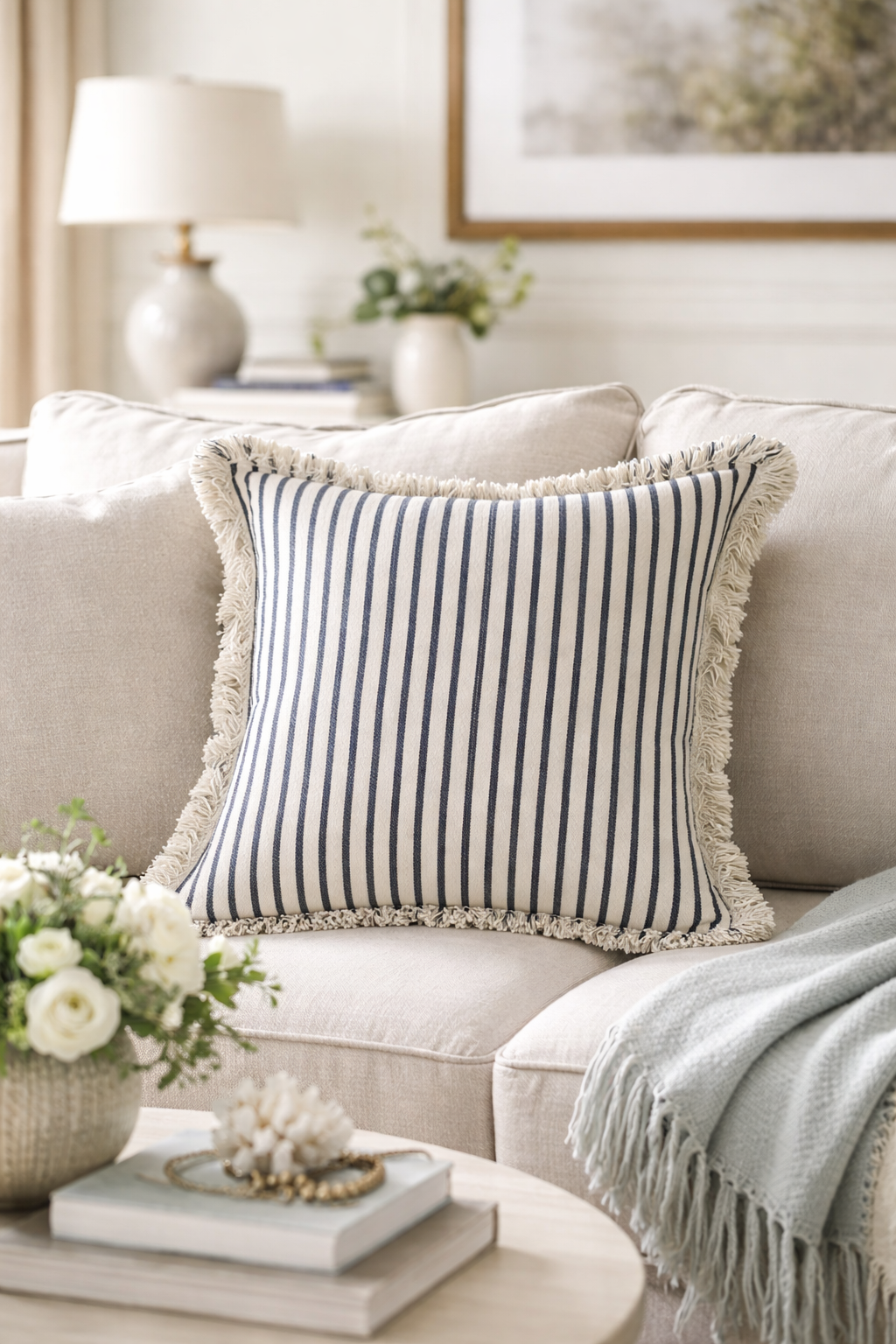 Coastal Striped Cotton Blend Throw Pillow