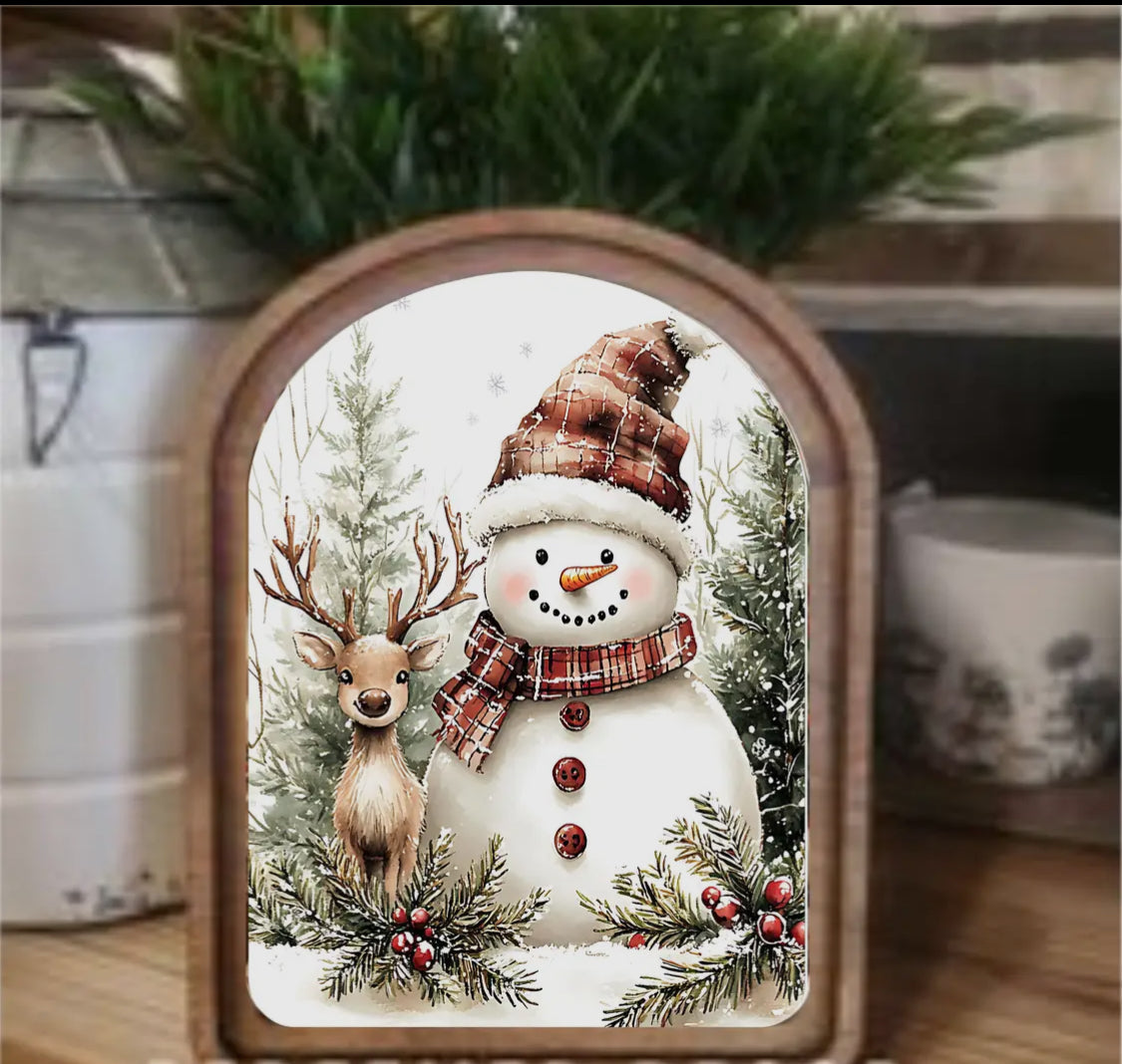 Arch Top Snowman Deer Framed Art