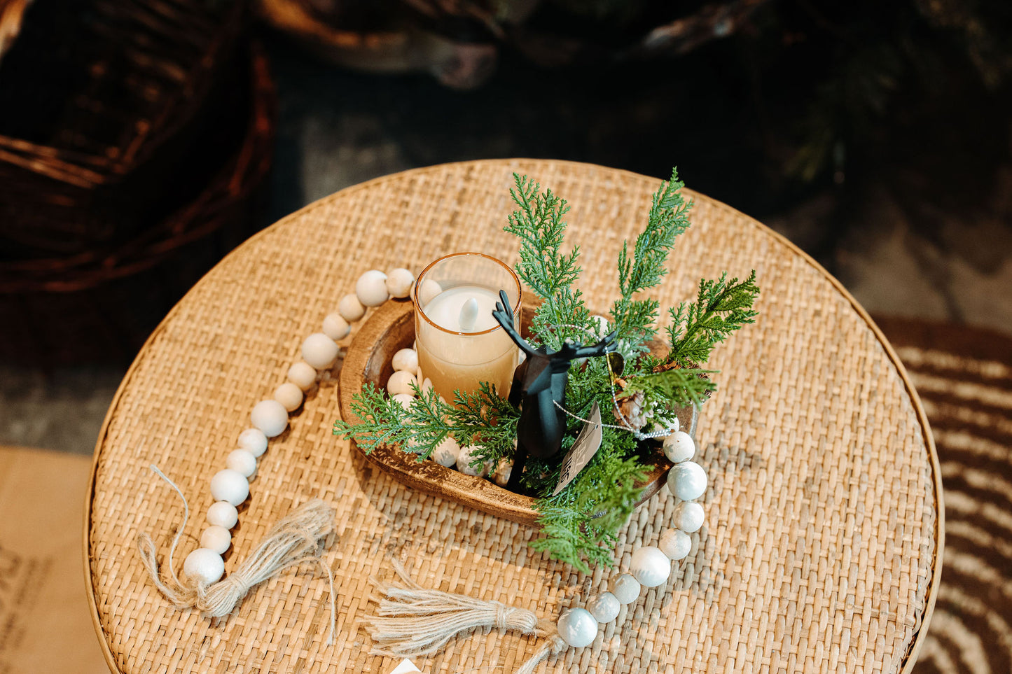 Wood Bowl w/candle, evergreen, wood beads & Deer ornament
