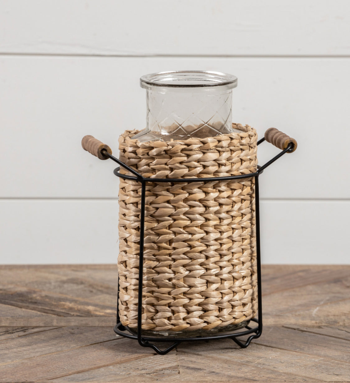 Glass Vase Seagrass Wrapped w/Metal Stand