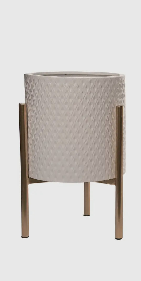 14”H White Textured Metal Planter w/Gold Stand-Sm