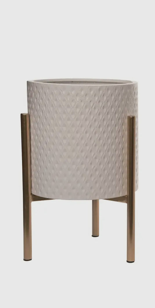 14”H White Textured Metal Planter w/Gold Stand-Sm