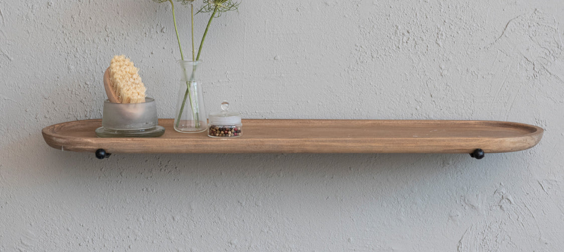 28” Wx 7-1/4”D x 2-1/4H Oval Pine Wood & Metal Shelf