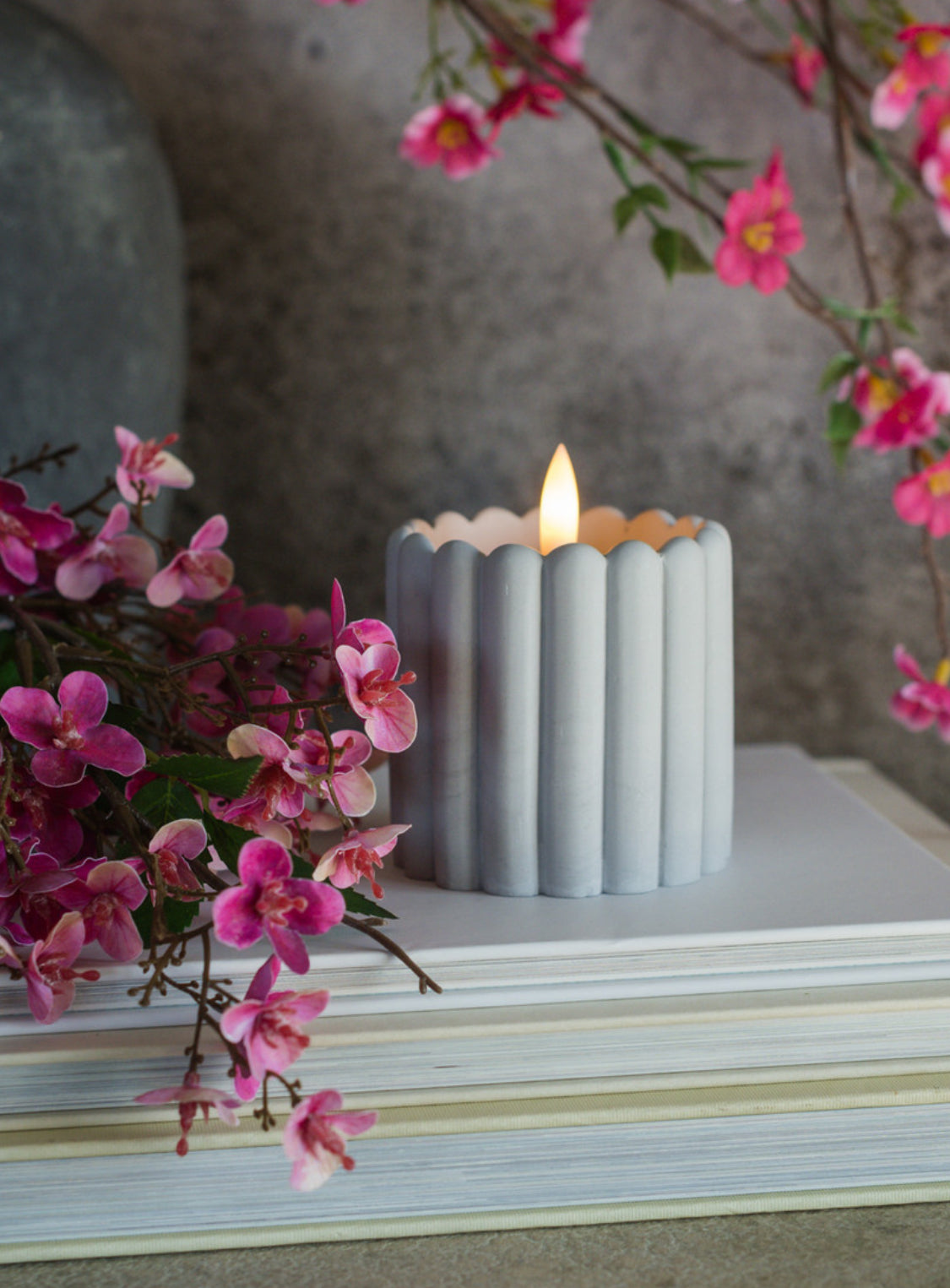 3” Grey Cement Column 3D Flame Candle