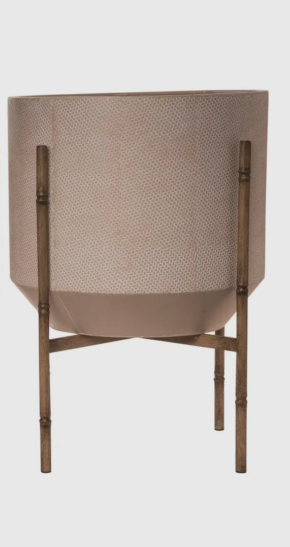 Cream Textured Metal Planter w/Bamboo Metal Stand-Lg
