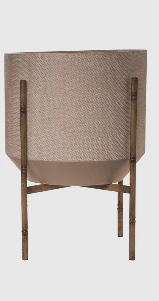 Cream Textured Metal Planter w/Bamboo Metal Stand-Lg
