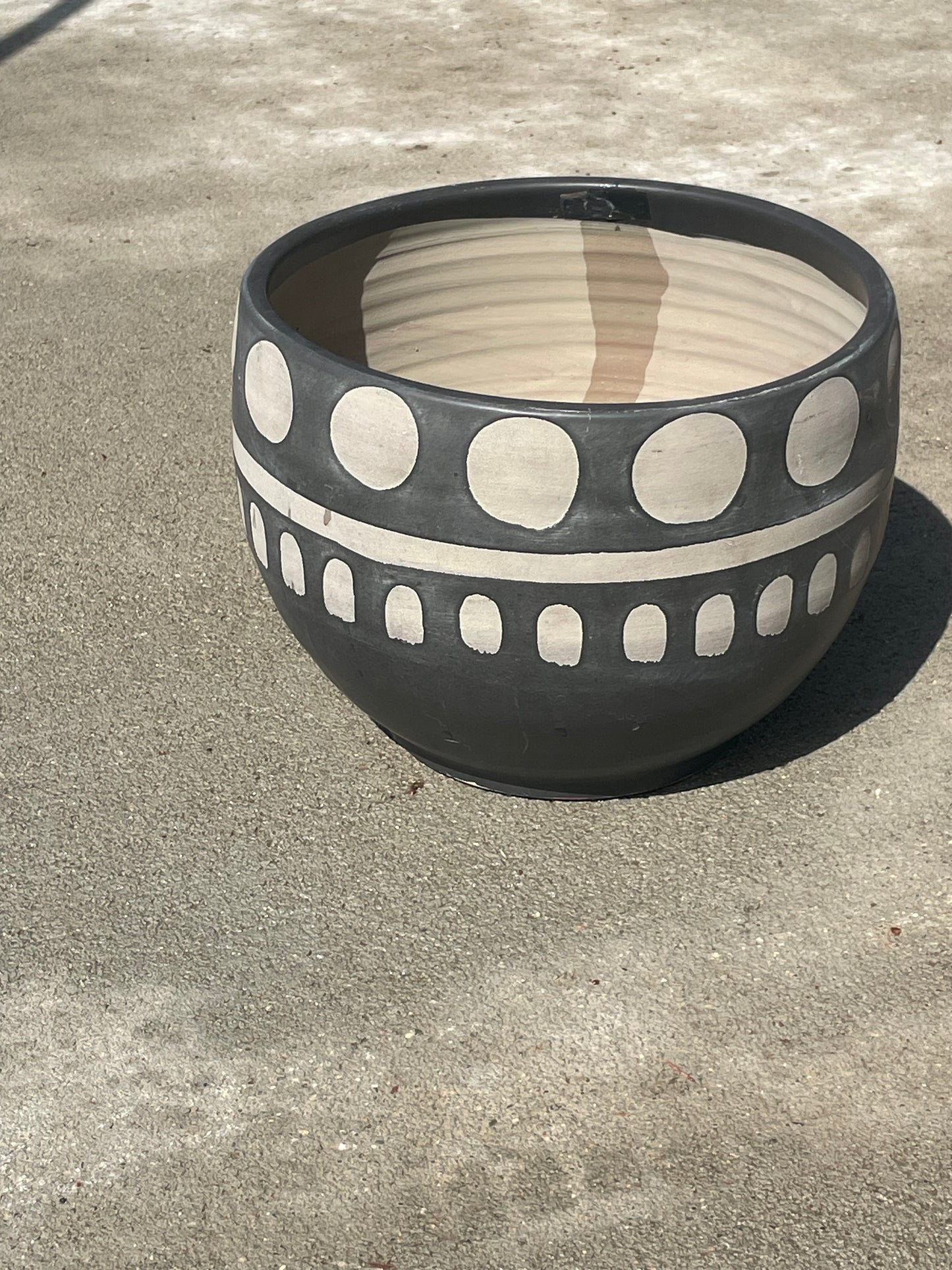 Black Planter W/Natural Dots & Stripe