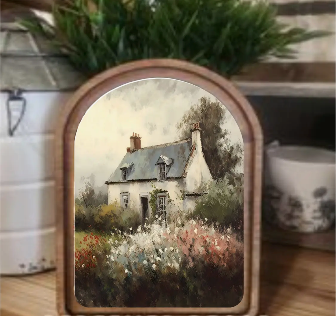 6” x 8” Arch Top Spring Cottage Painting Framed Art