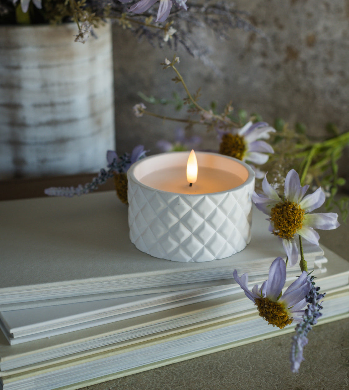 2.25” White Cement Grid 3D Flame Candle