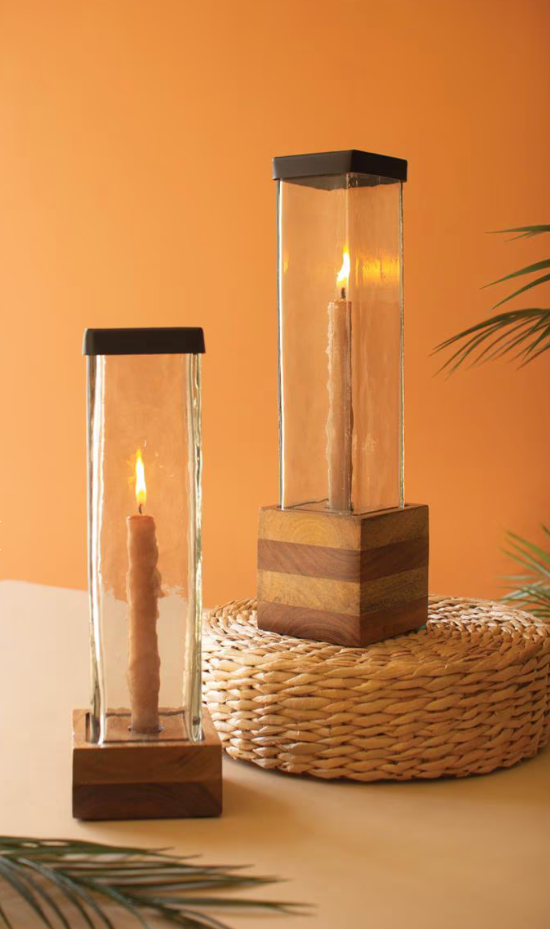 Square Glass & Wood Taper Holder