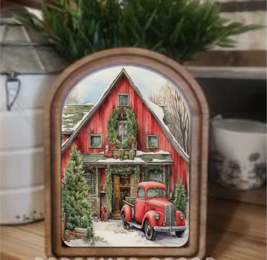8” Arch Red Christmas Barn Framed Art