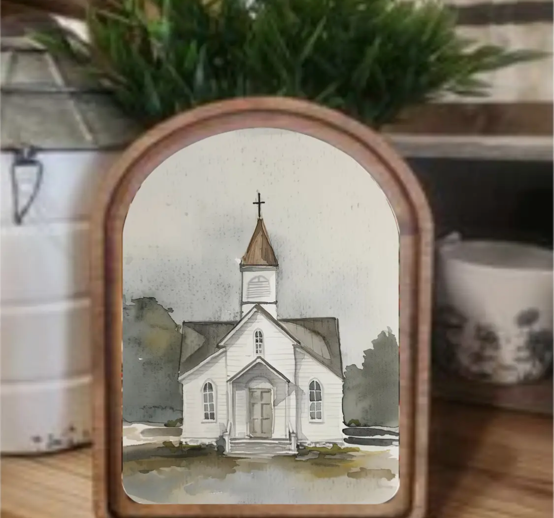 6” x 8” Arch Top Watercolor Church Framed Art