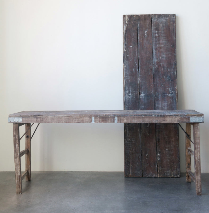 68”L Reclaimed Wood Folding table w/ Tin Patch
