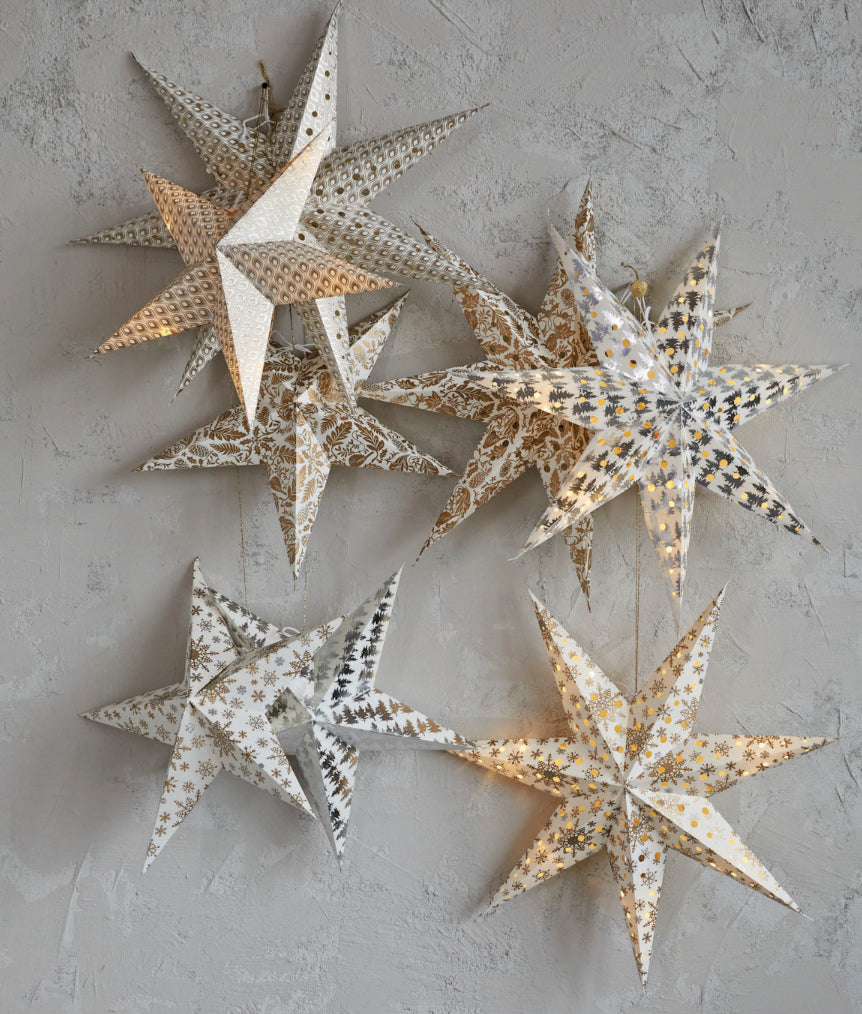 5 Point Folding Recycled Paper Star Ornament w/LED Lights