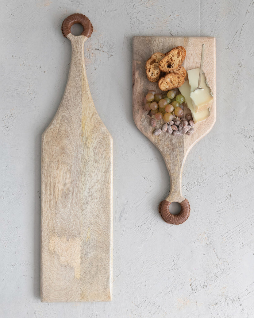 Mango Wood Cheese/Cutting Board w/ Braided Leather Handle