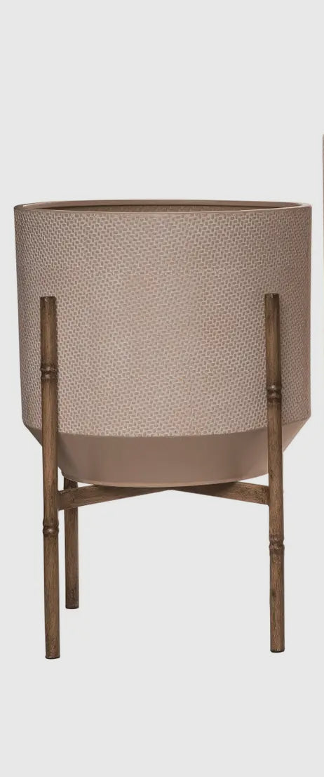 Cream Textured Metal Planter w/Bamboo Metal Stand-Sm