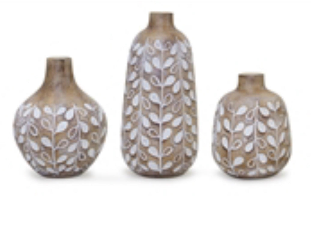 5.25”H Natural Pottery w/White Leaf Desgn