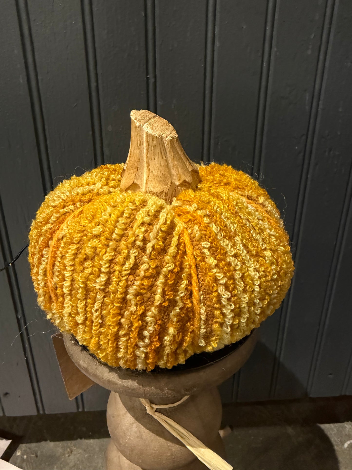 Cotton Blend Boucle/Velvet Pumpkin w/Wood Stem