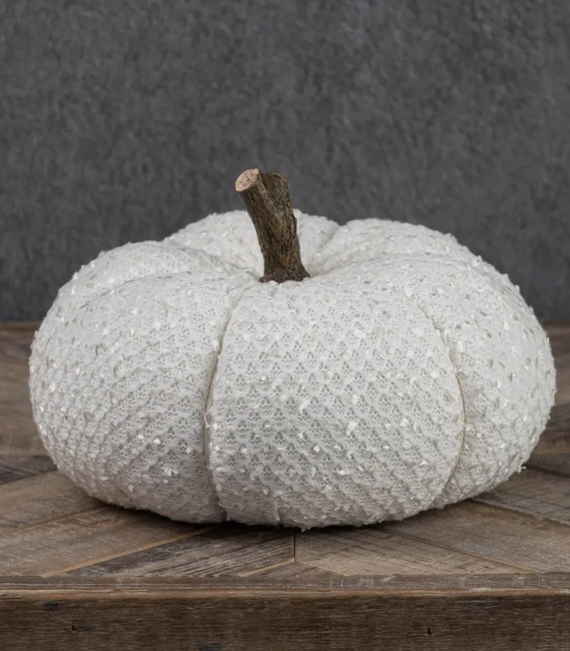 7.5” White Frayed Ribbon Fabric Pumpkin w/Faux Wood Stem