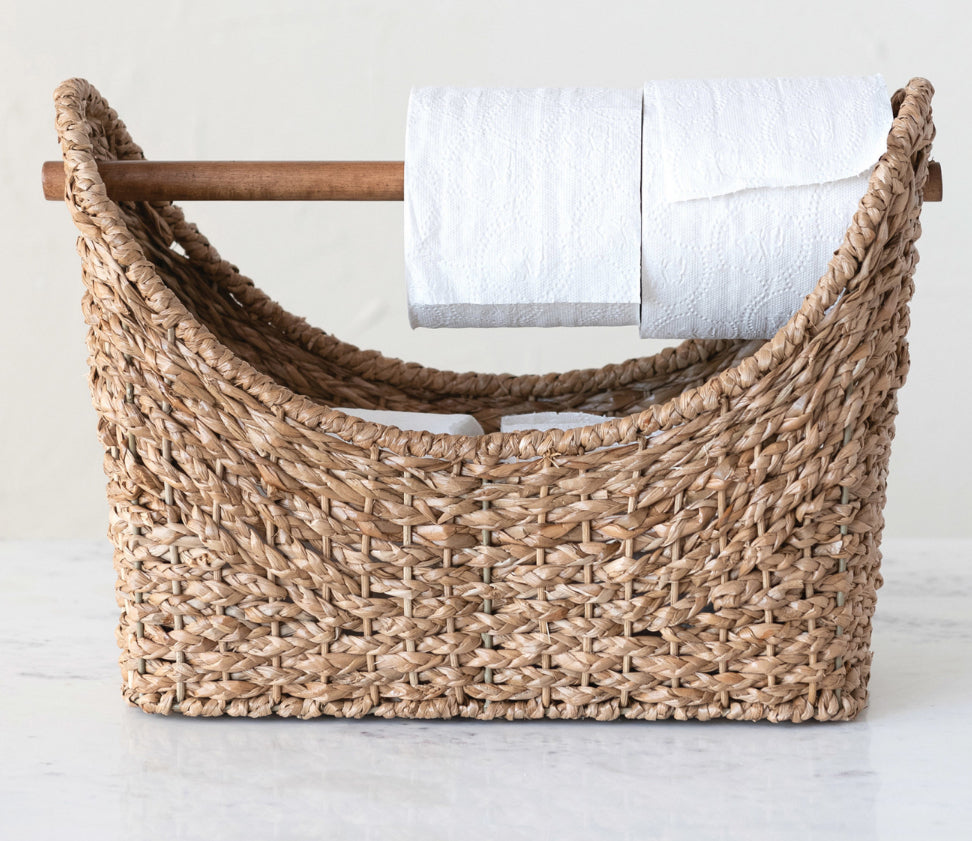Oval Braided Bankuan Toilet Paper Basket w/Wood Handle