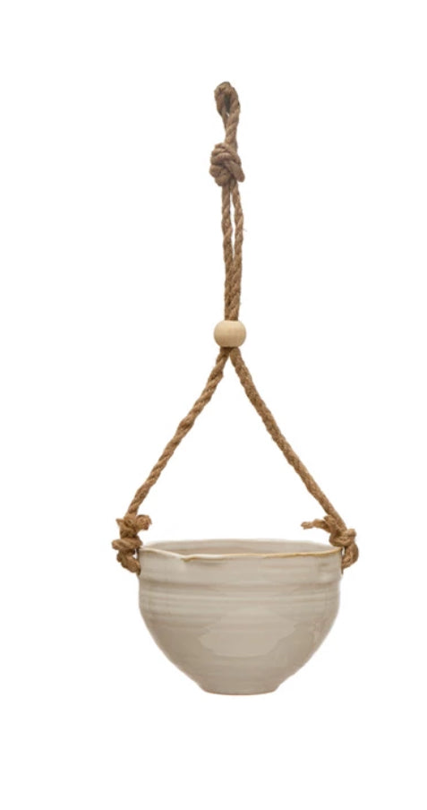 Hanging Stoneware Planter w/Jute Rope Hanger