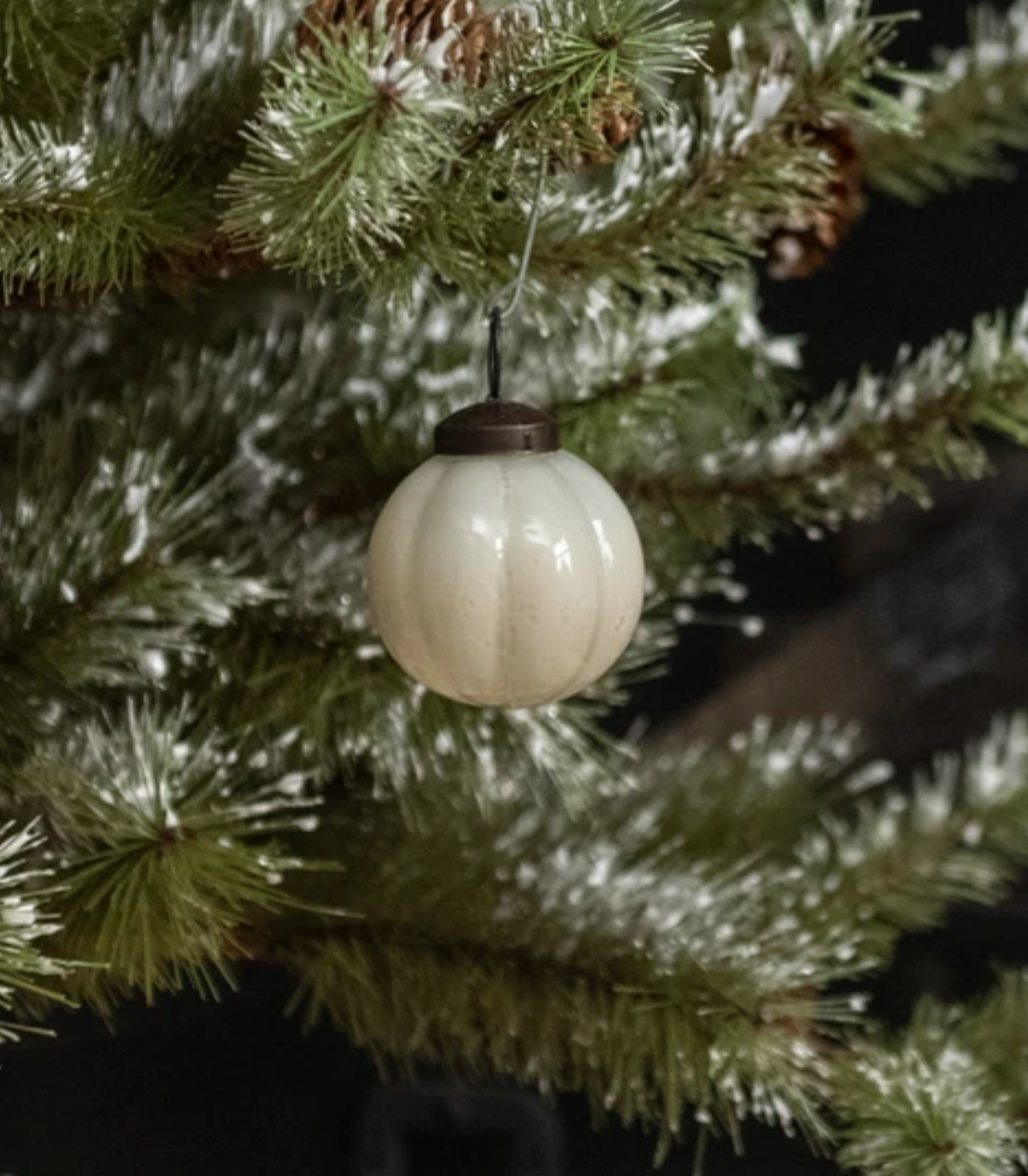 2” Ivory Ribbed Glass Ornament