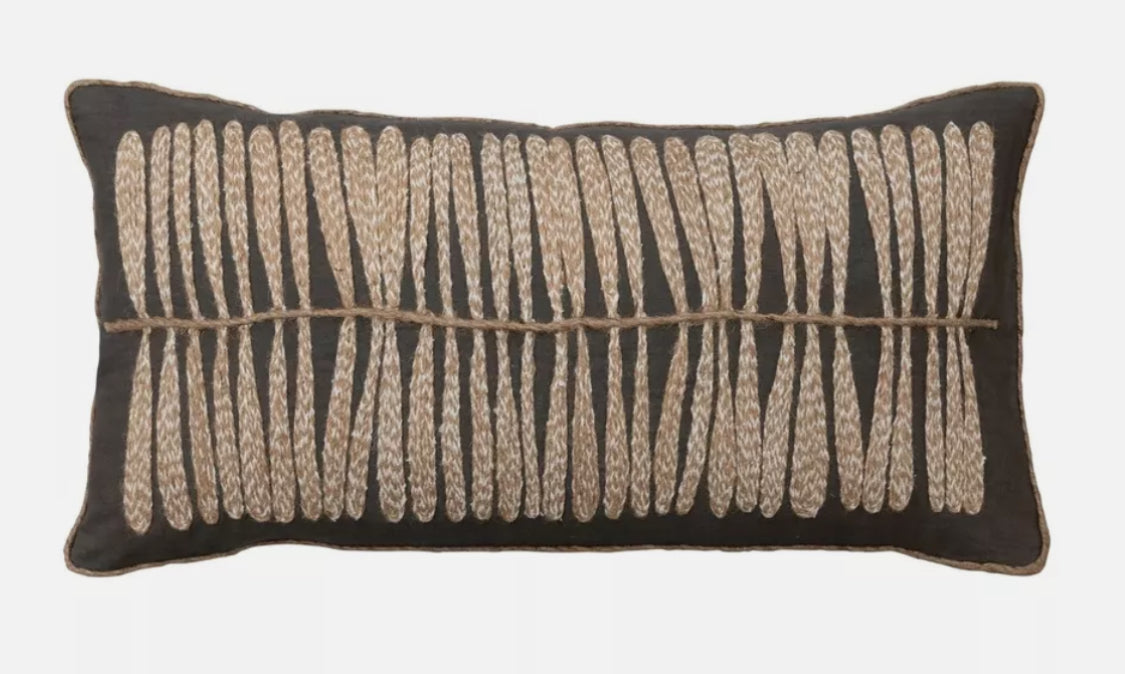 Cotton Lumbar Pillow w/Jute Embroidery