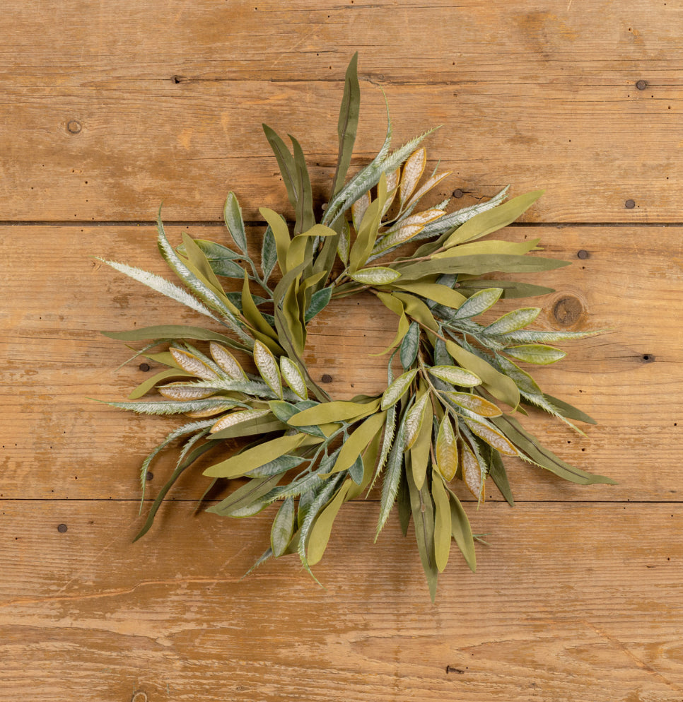 14” Green Yellow Mixed Leaf Candle Ring