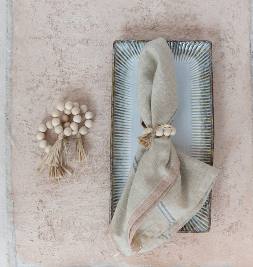 2-1/4” L Wood Bead Napkin/Candle Ring w/Raffia Tassel, Natural