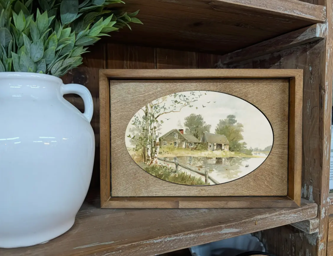 Box Framed Canvas Art Muted Farmhouse Pond