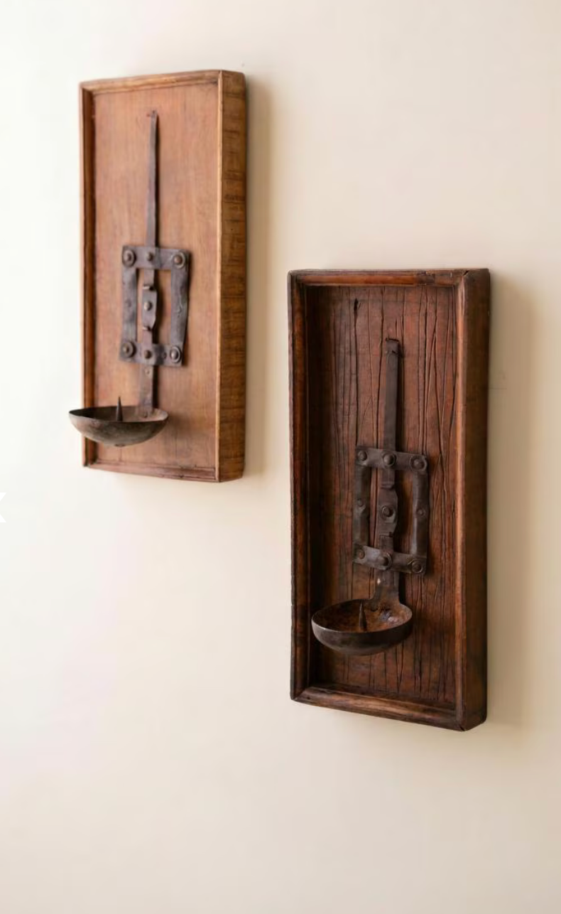 Wooden Wall Sconce w/RepurposedIron Ladle Candle Holder