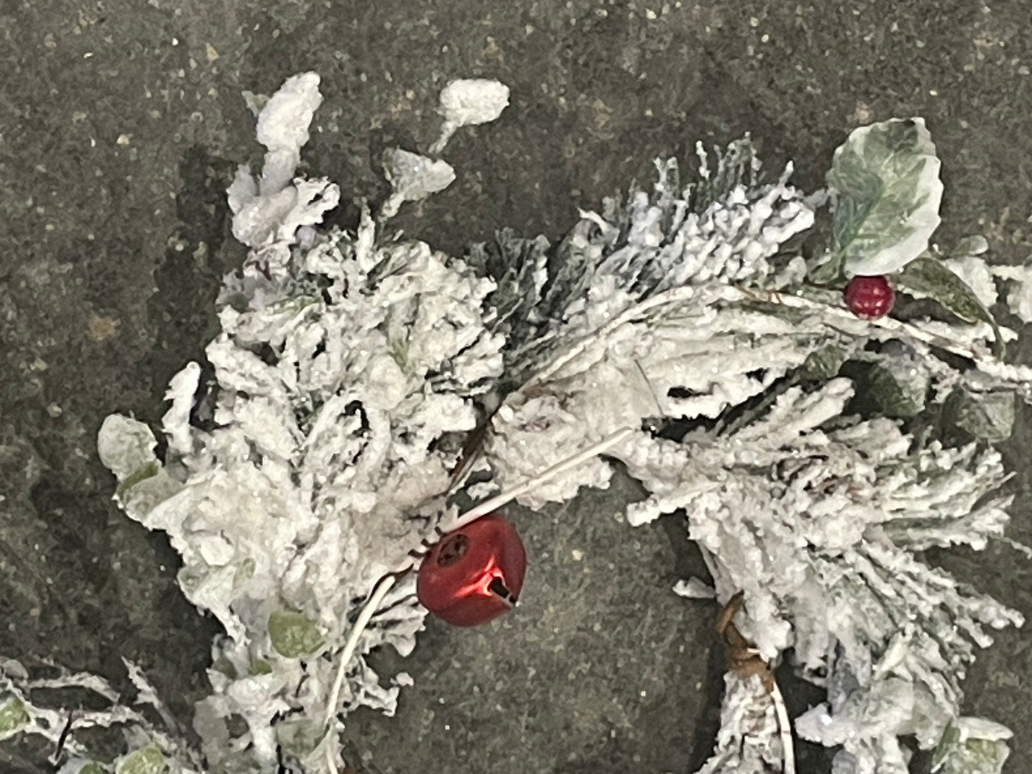 Snowed Evergreen Wreath w/Red Berries & Bells