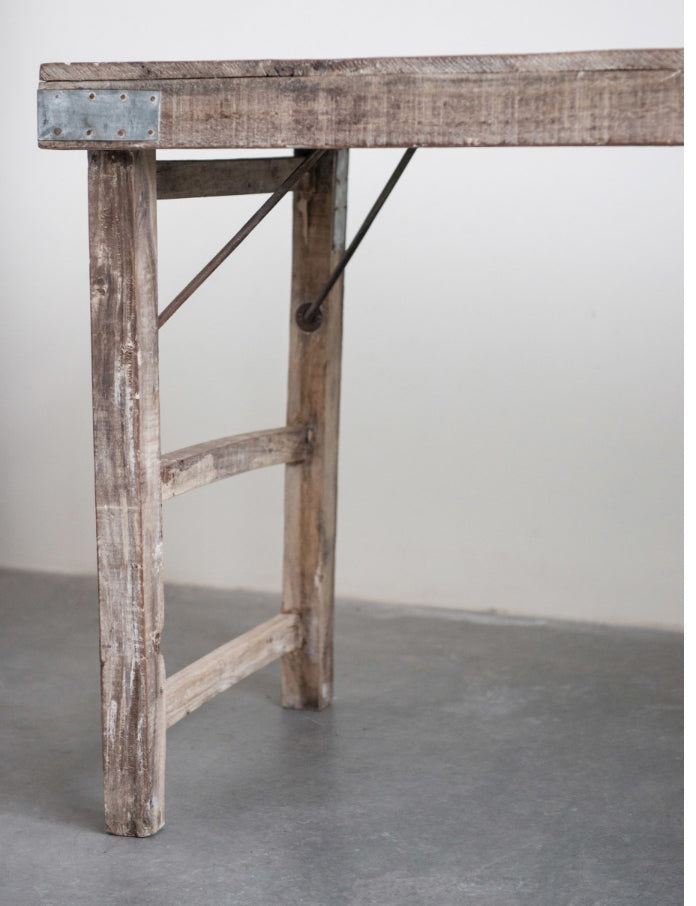 68”L Reclaimed Wood Folding table w/ Tin Patch