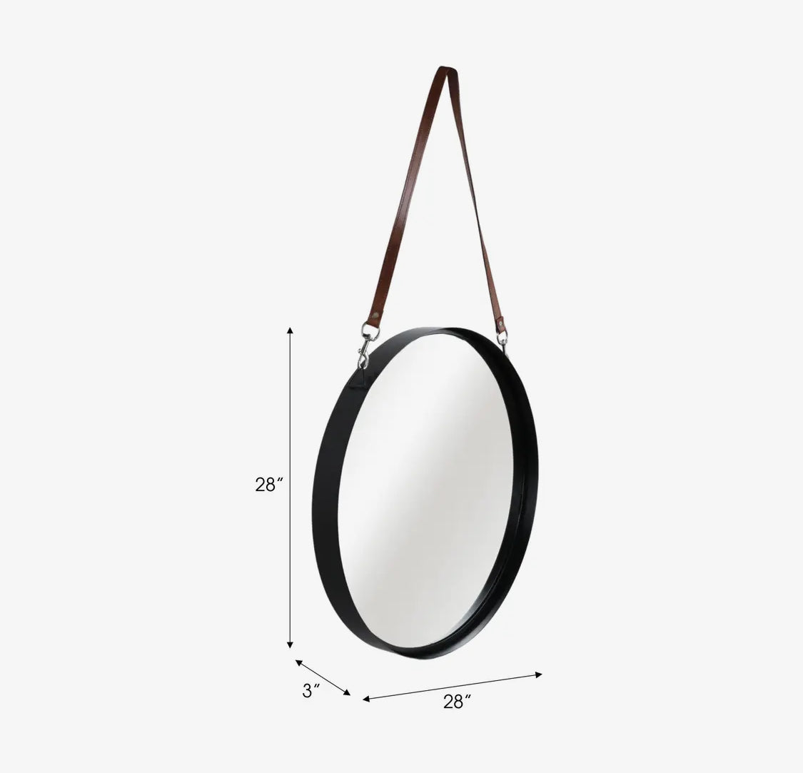 28” Black Metal Round Hanging Mirror w/ Leather Strap