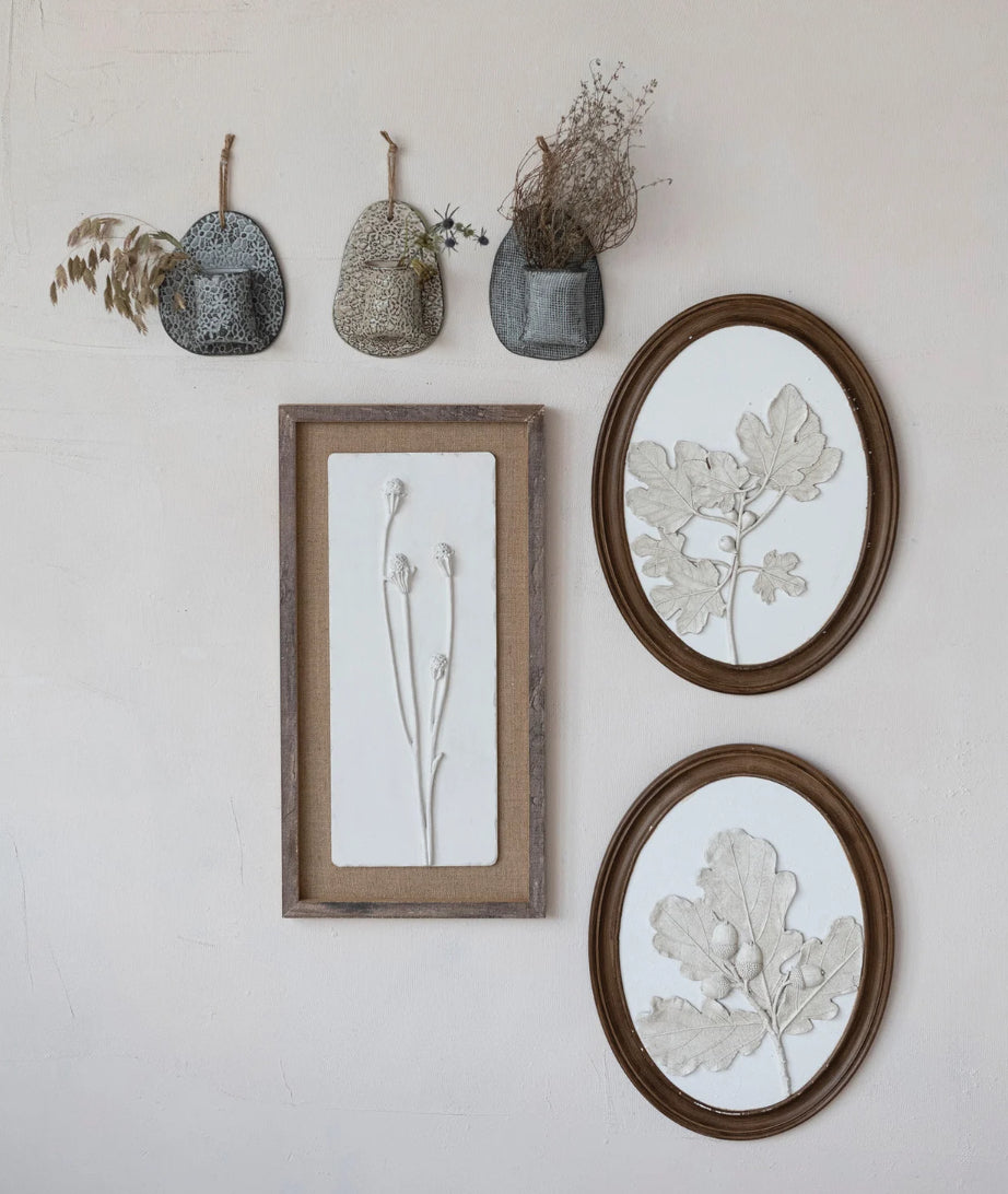 Stoneware Wall Vase w/ Embossed Stamp Pattern & Jute Hangers