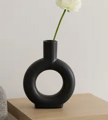 9” Black Ceramic Round Cut-Out Modern Vase