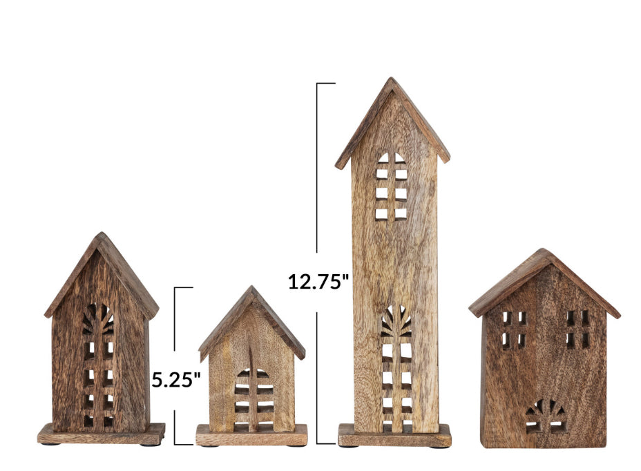 Carved Mango Wood Houses-set/4