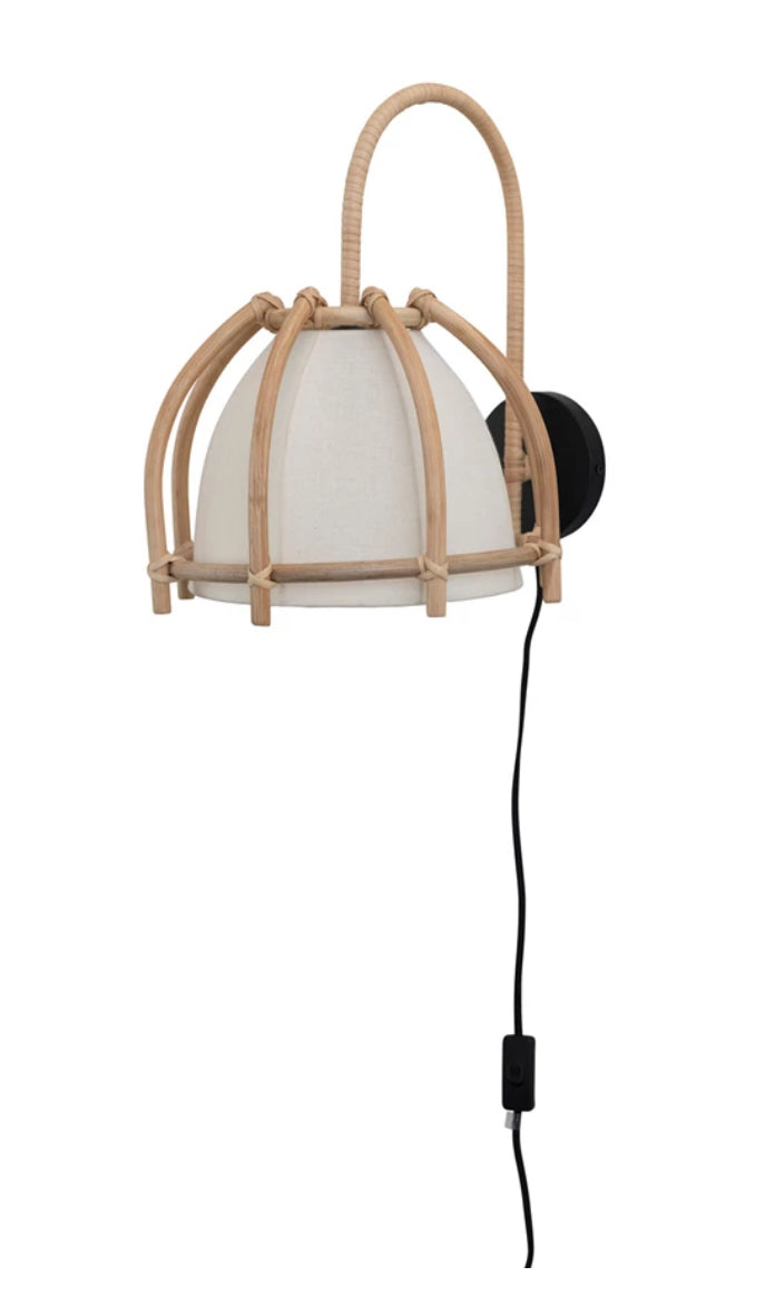 6-Rattan Wall Sconce w/Cotton Shade & Inline Switch