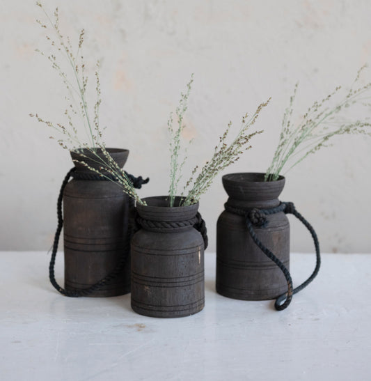 Round Decorative Wood Jug w/Rope Handle