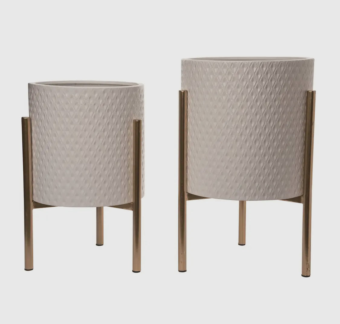 14”H White Textured Metal Planter w/Gold Stand-Sm