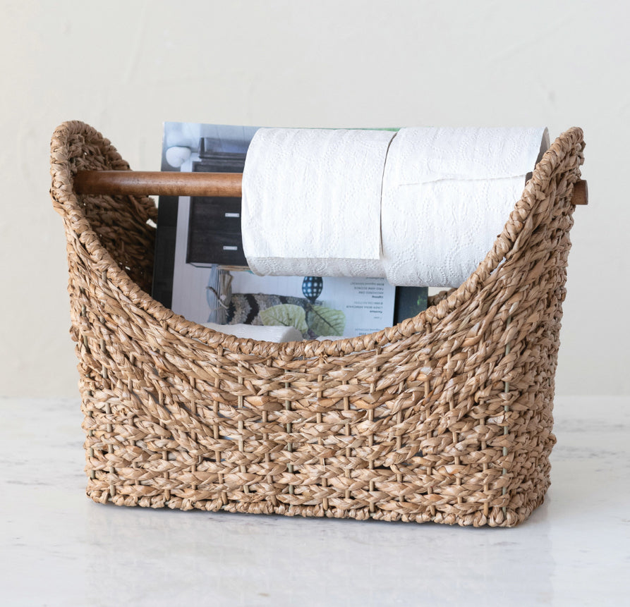Oval Braided Bankuan Toilet Paper Basket w/Wood Handle