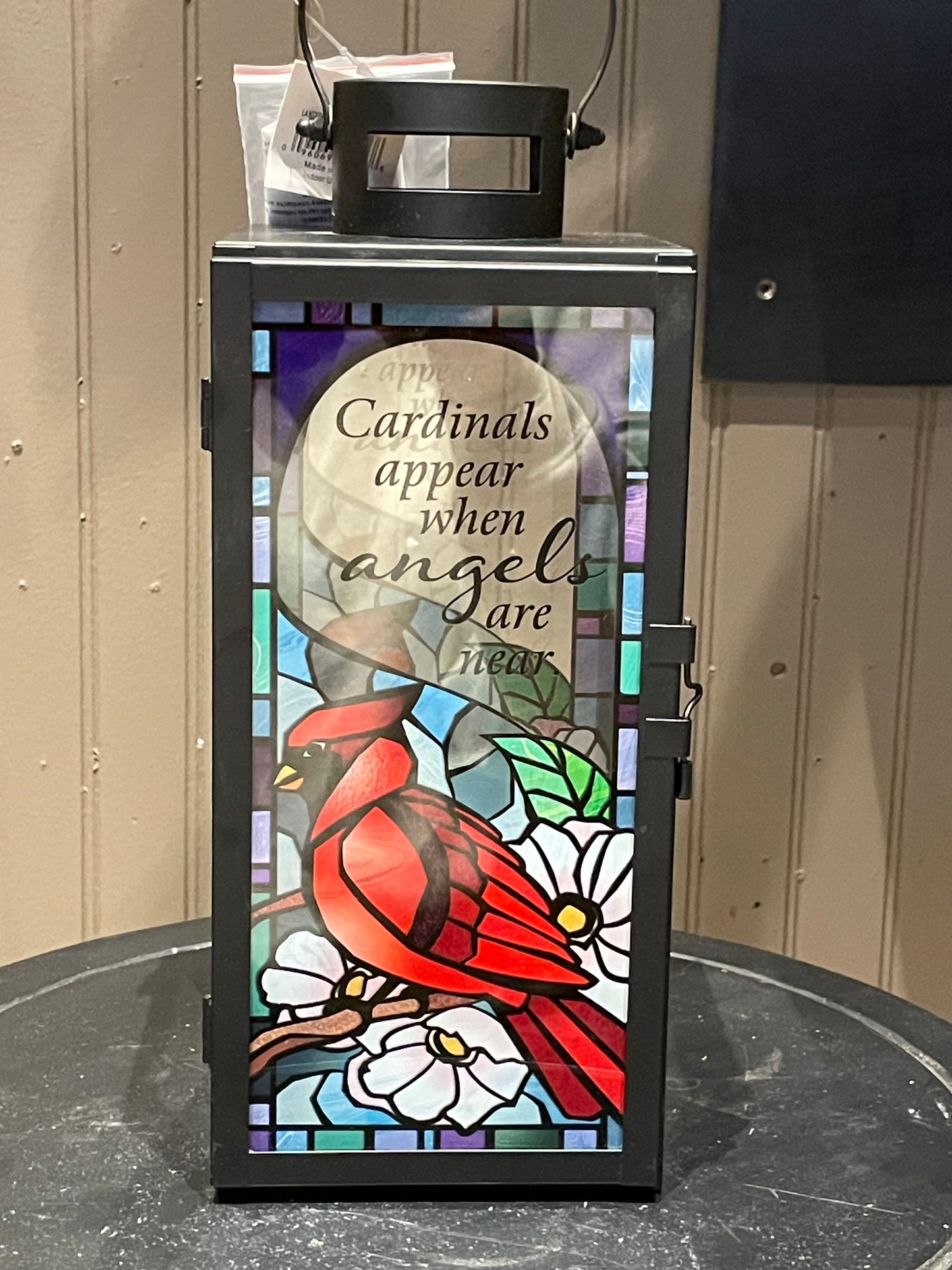 Stained Glass Lantern w/Candle. “When Cardinals Appear..”