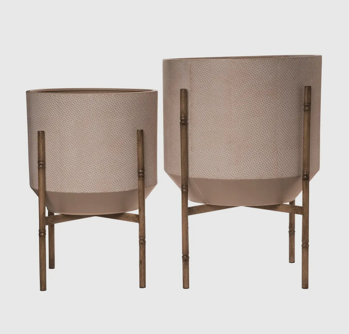 Cream Textured Metal Planter w/Bamboo Metal Stand-Sm