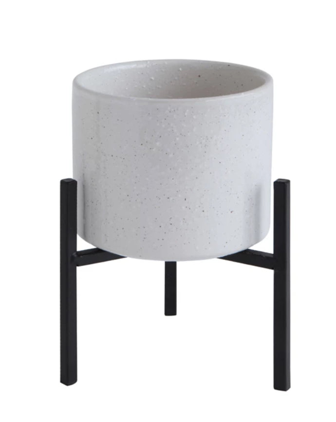 White Planter w/Black Metal Stand