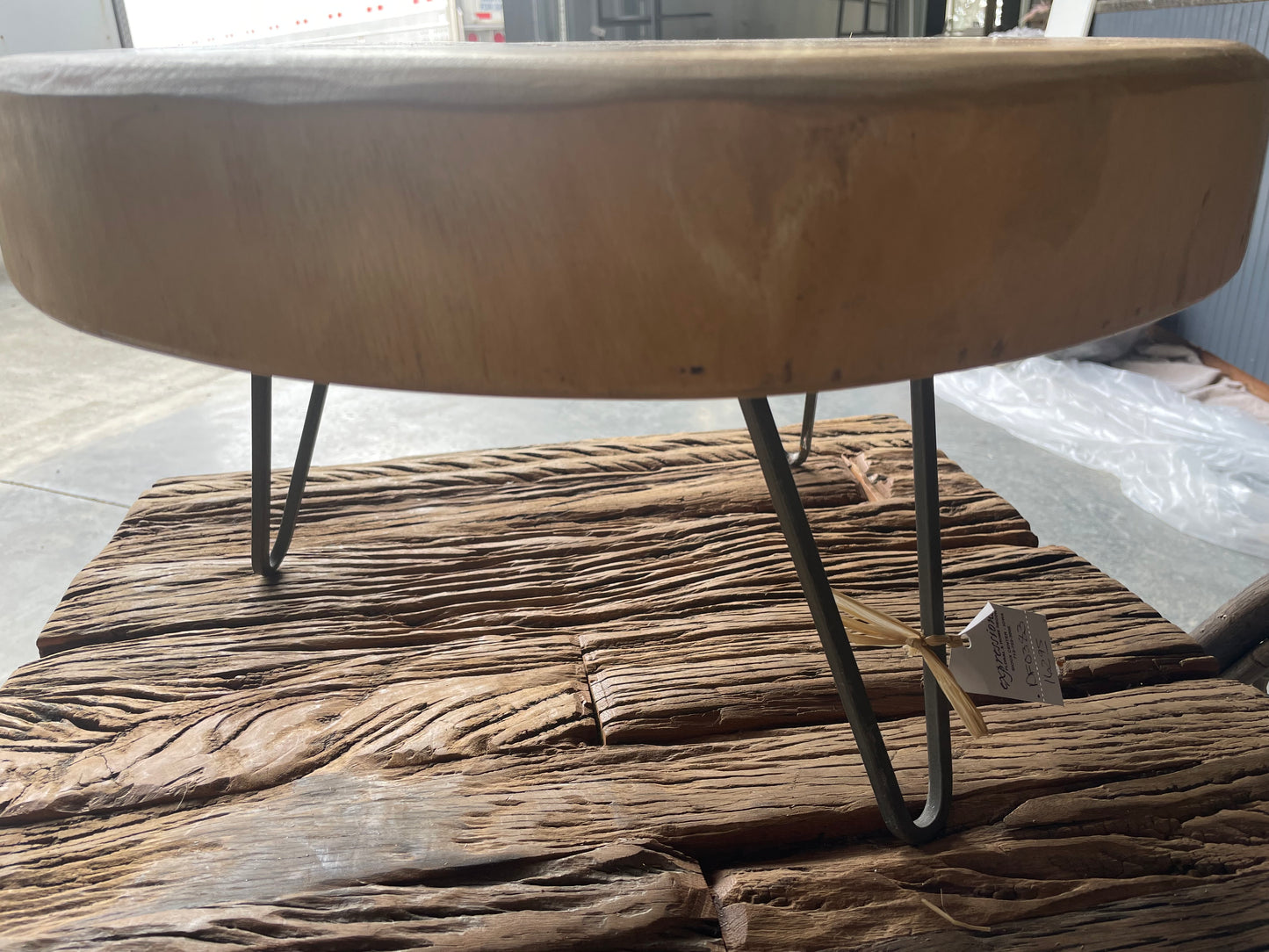 Large Distressed Acacia Wood Pedestal with Iron Legs